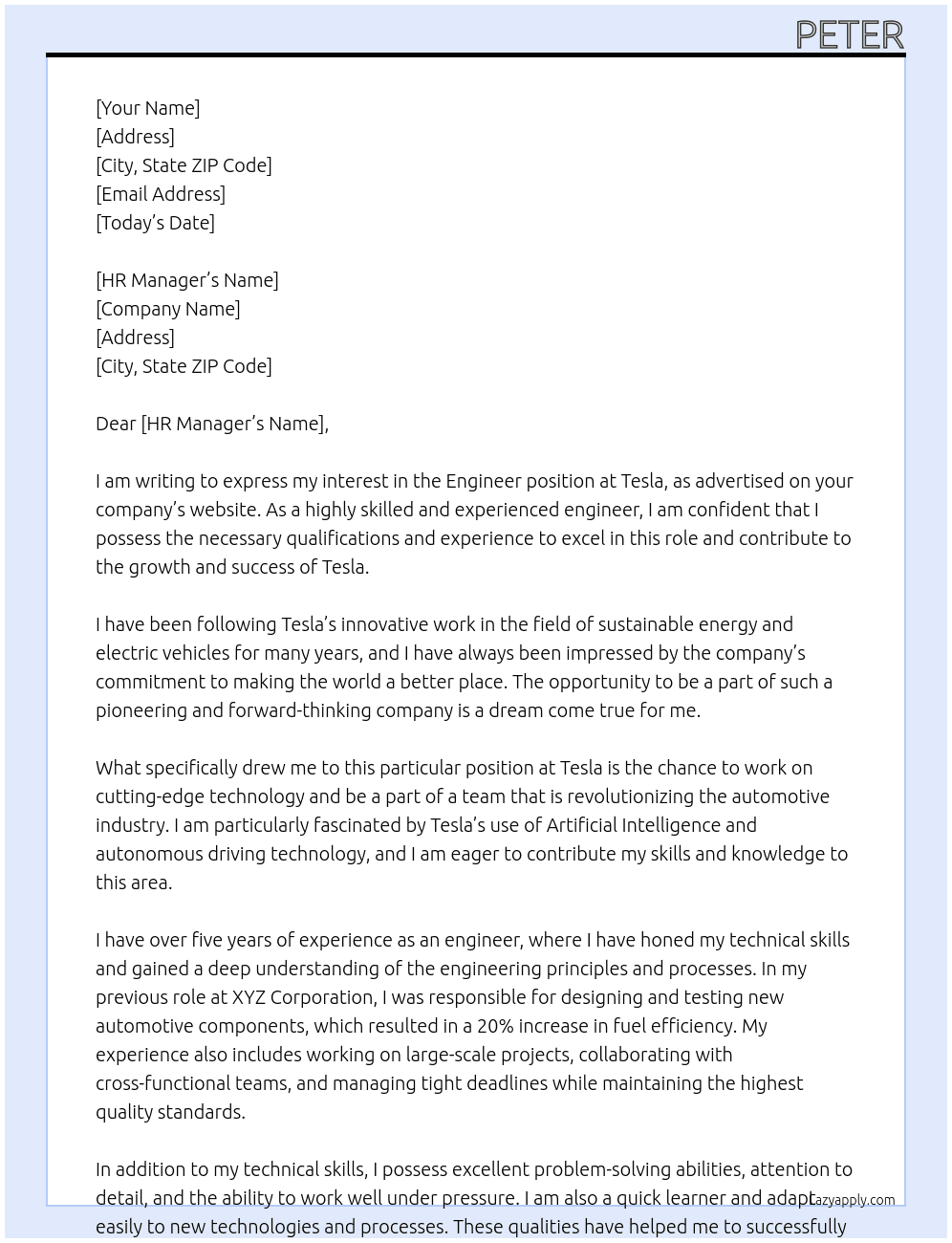 Engineer At Tesla Cover Letter