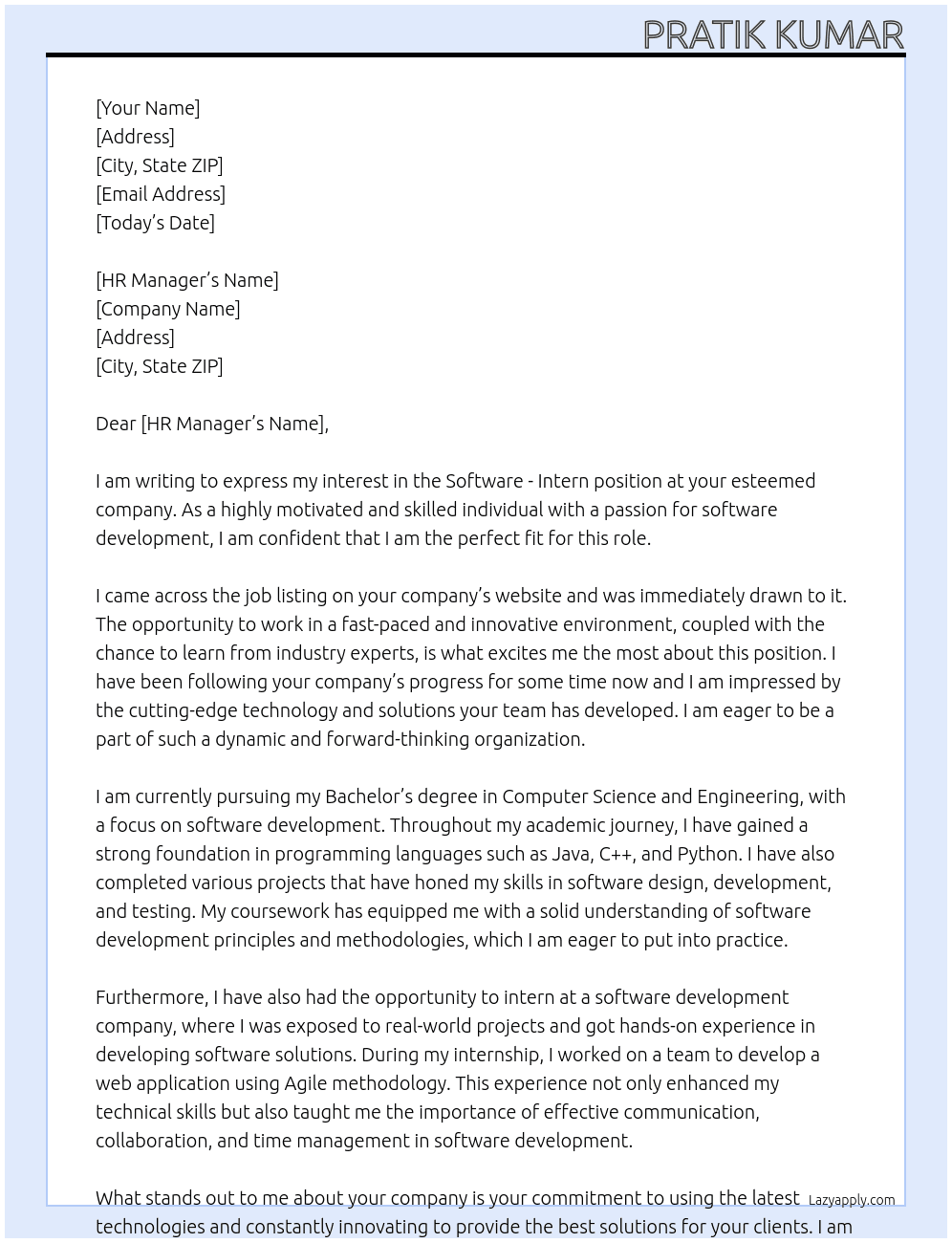 Software -Intern At no Cover Letter