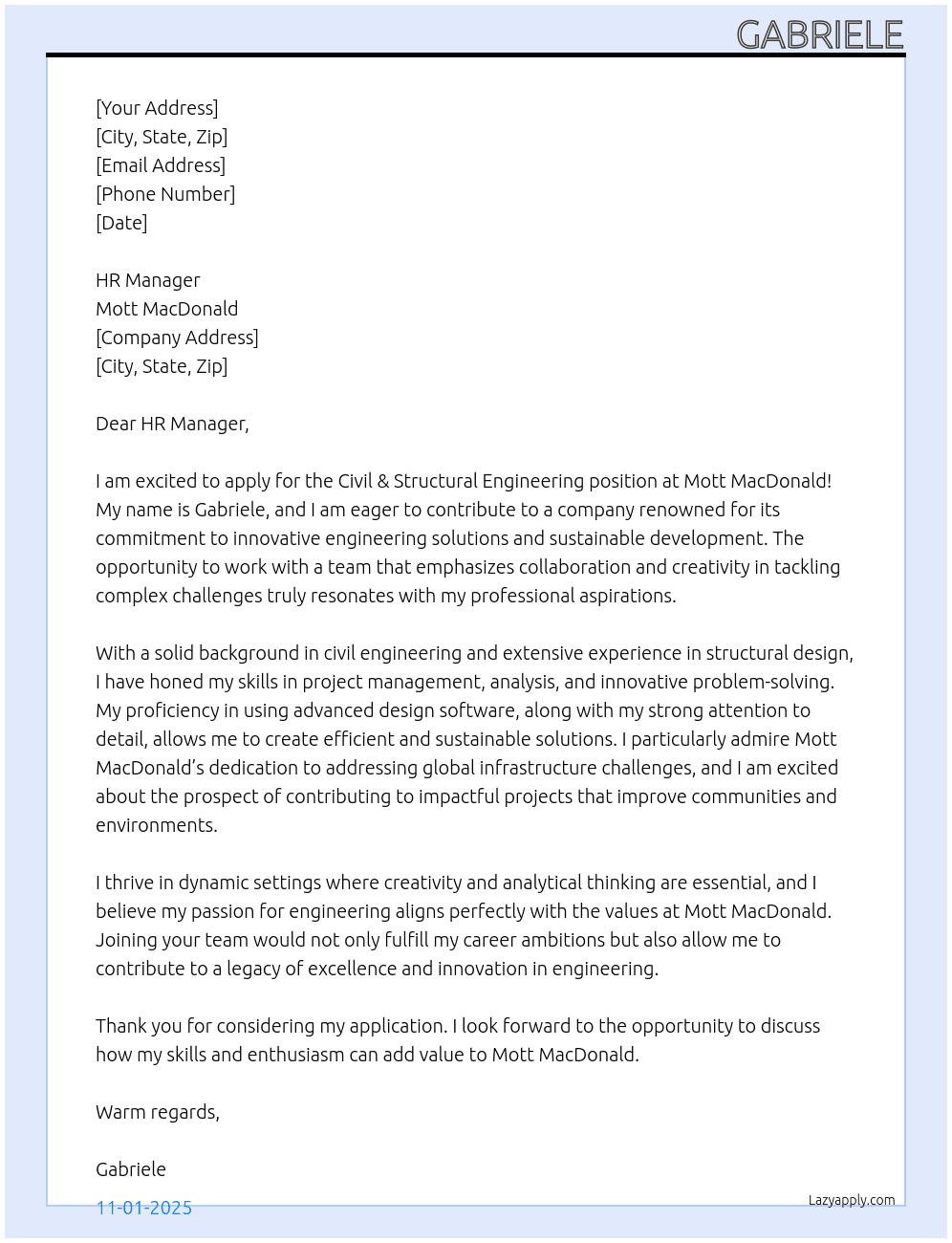 Civil & Structural Engineering At MOTT MACDONALD Cover Letter