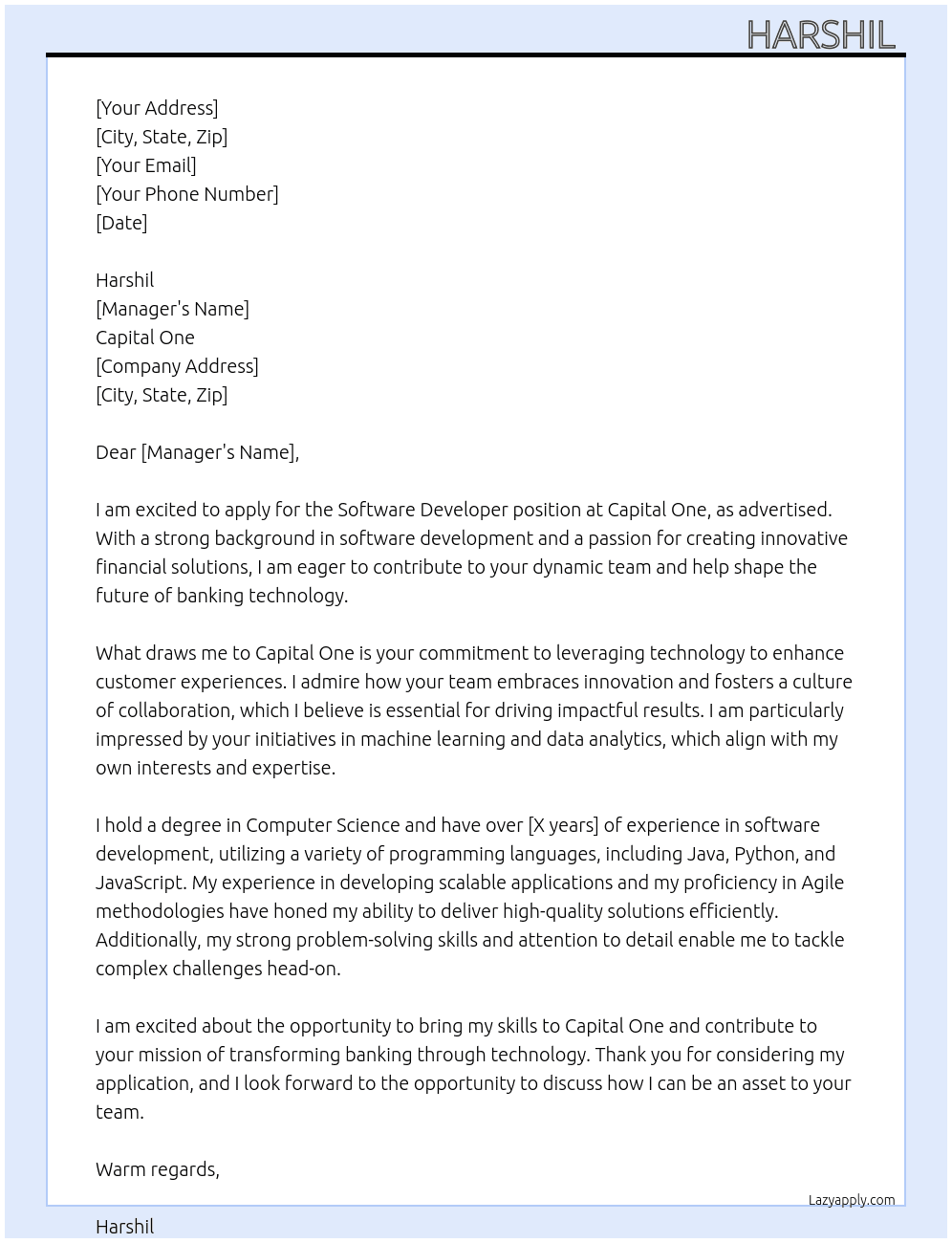 Software Developer At Capital One Cover Letter