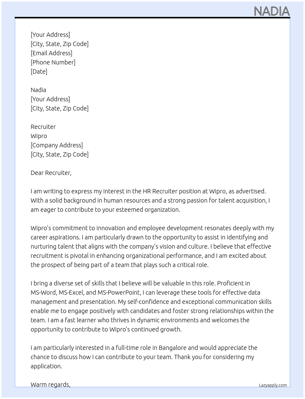 Cover letter for hr recruiter or any non-it job - LazyApply