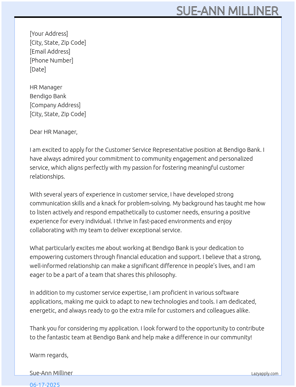 Customer service representative  At Bendigo Bank Cover Letter