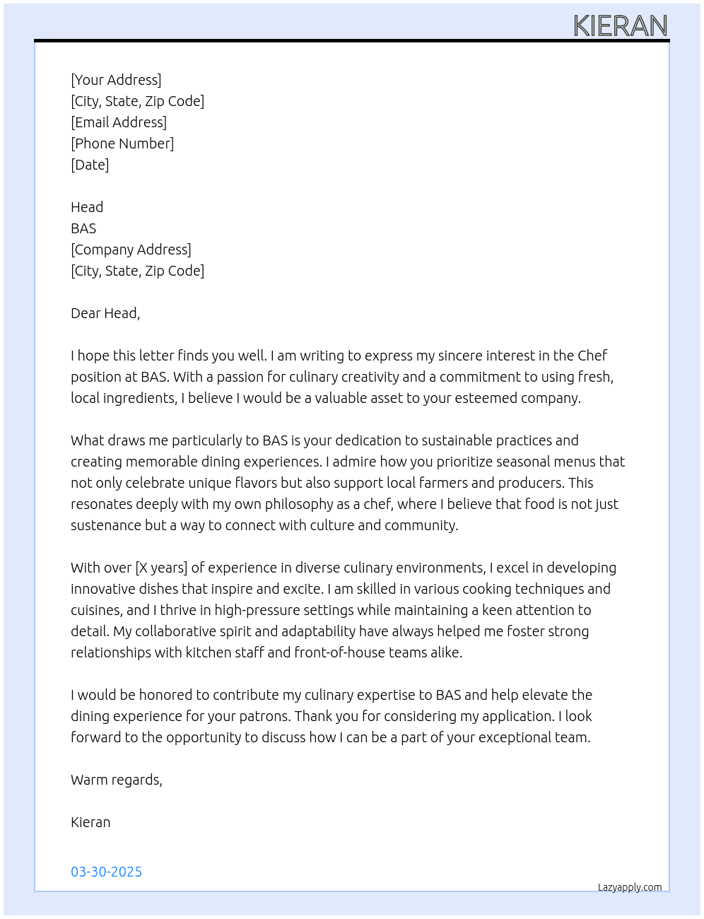 Chef At BAS Cover Letter
