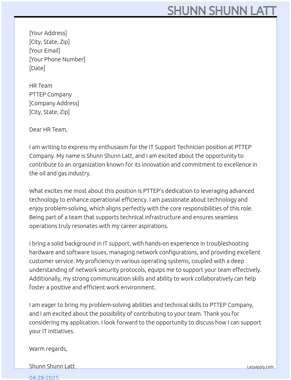 IT Support Technician At PTTEP Company Cover Letter