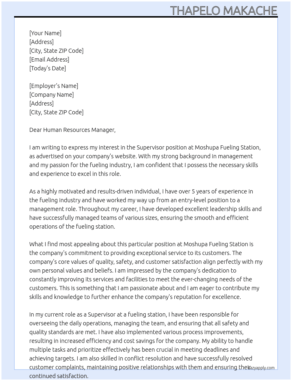 Supervisor At Moshupa fueling Station  Cover Letter