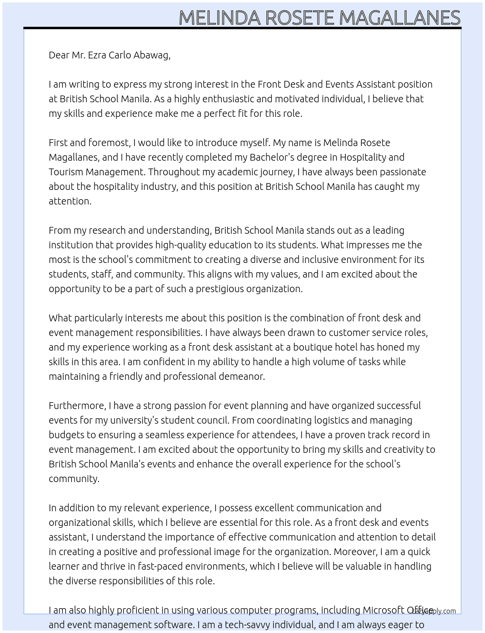 Cover letter for front desk and events assistant - LazyApply