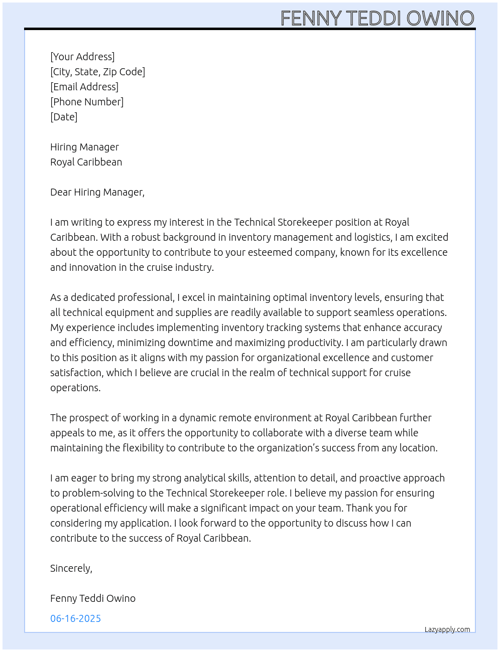 Cover letter for technical storekeeper - LazyApply
