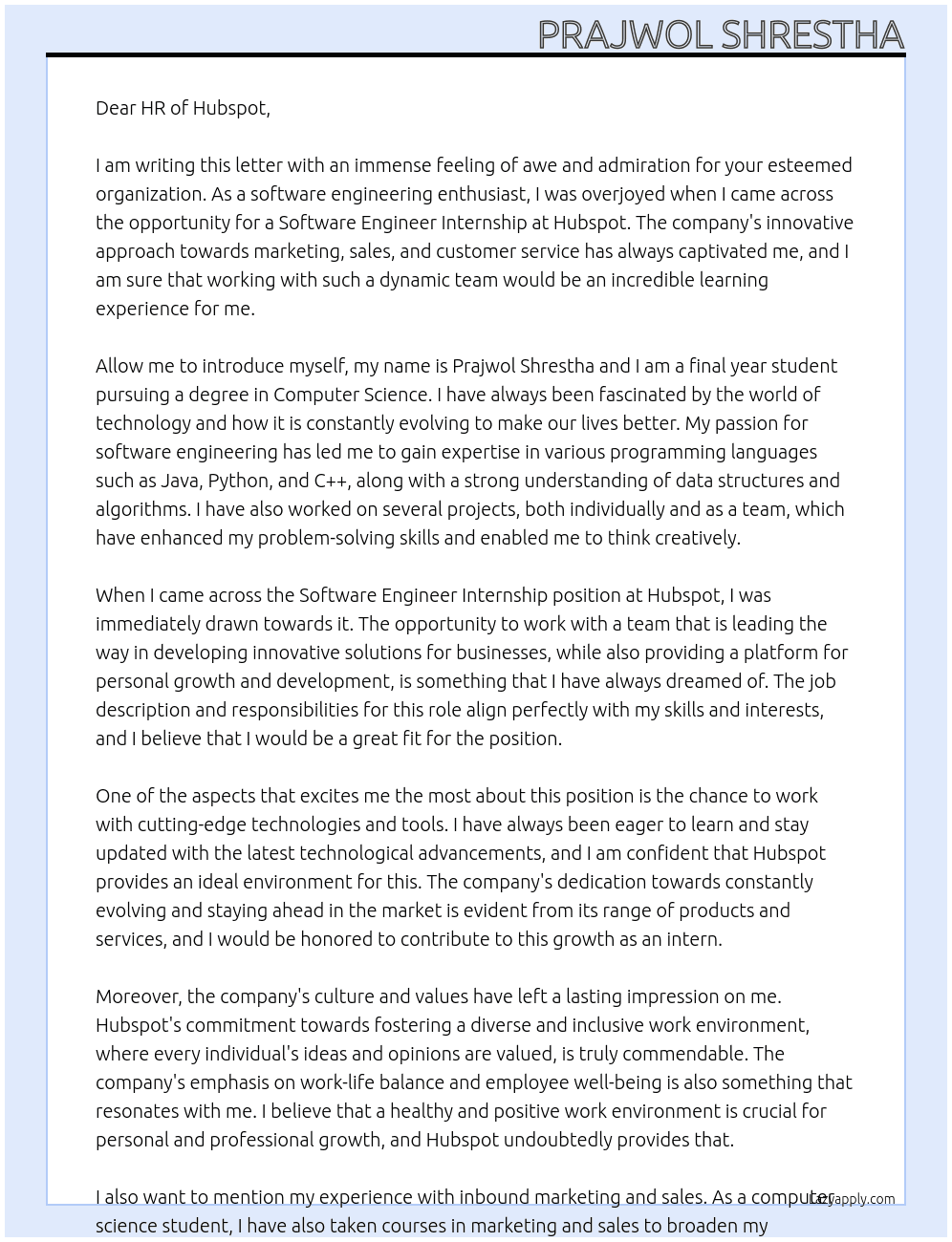 Software Engineer  Internship At Hubspot Cover Letter