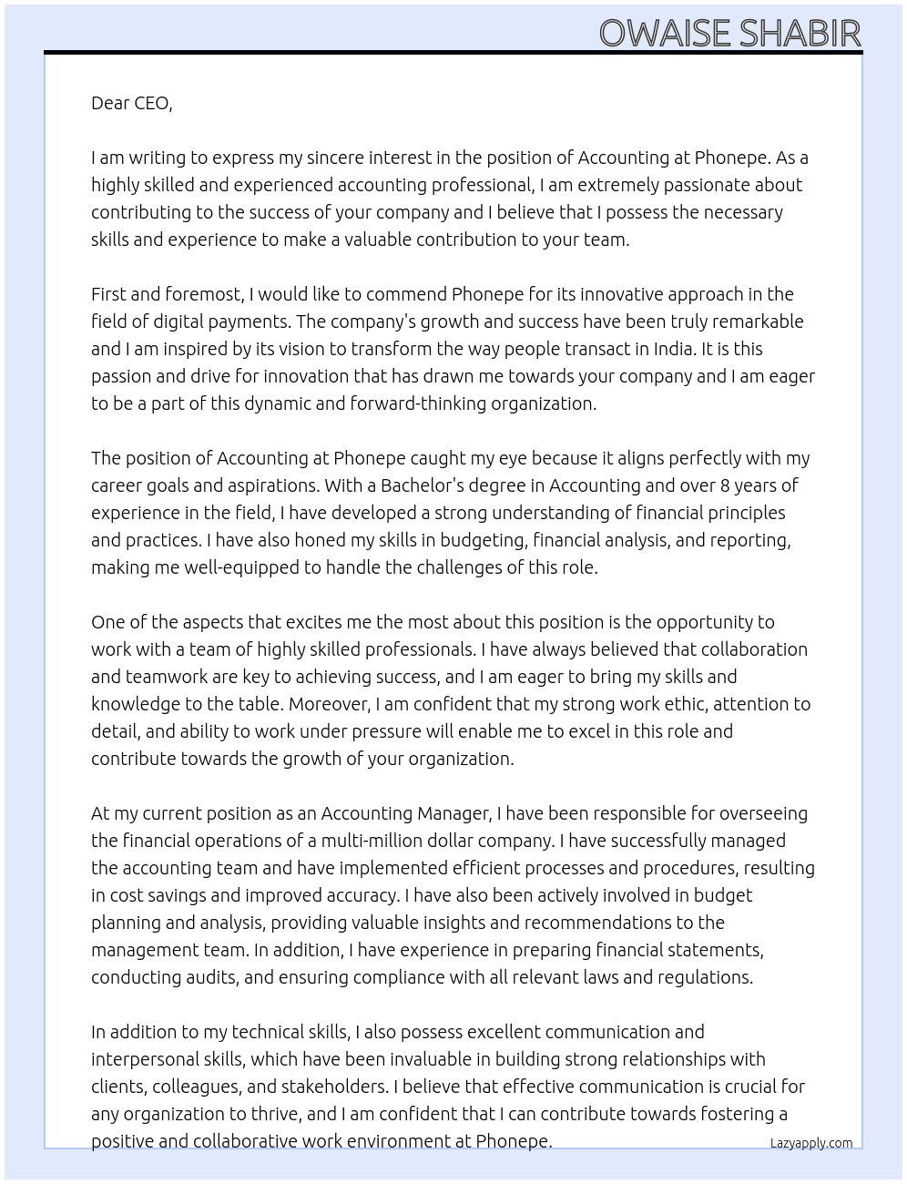 Accounting  At Phonepe Cover Letter