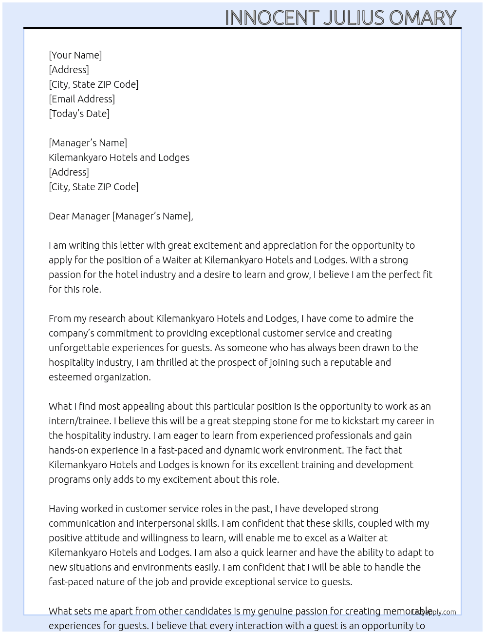 Waiter  At Kilemankyaro hotels and lodges  Cover Letter