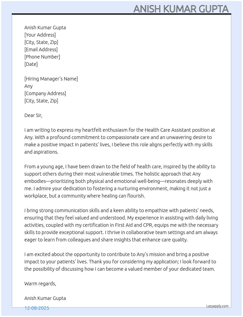 Health Care Assistant  At Any Cover Letter