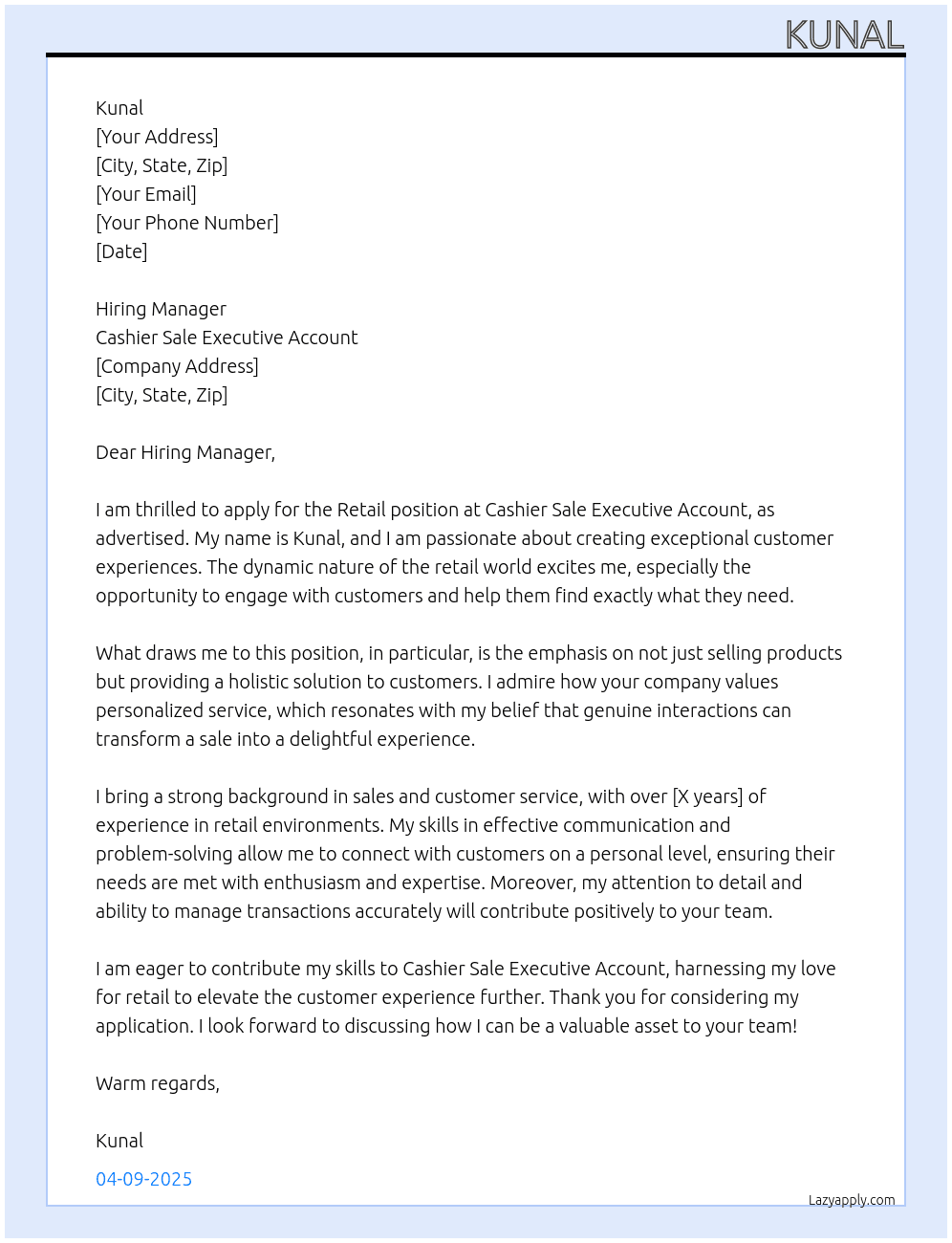 retail At cashier sale exucitive account Cover Letter