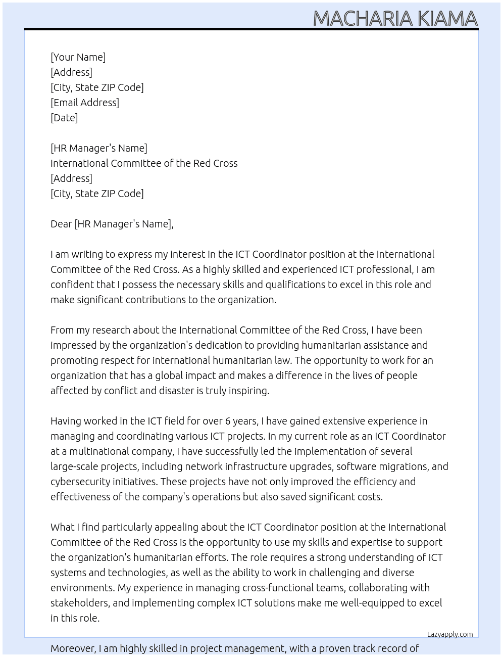 ICT Coordinator At  International Committee of the Red Cross Cover Letter