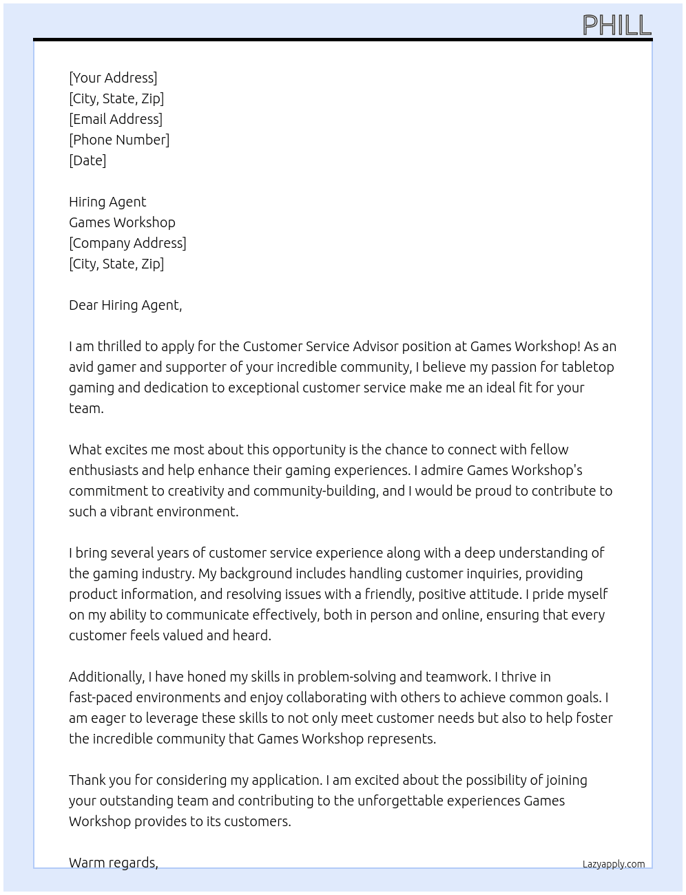 Customer Service Advisor At Games Workshop Cover Letter