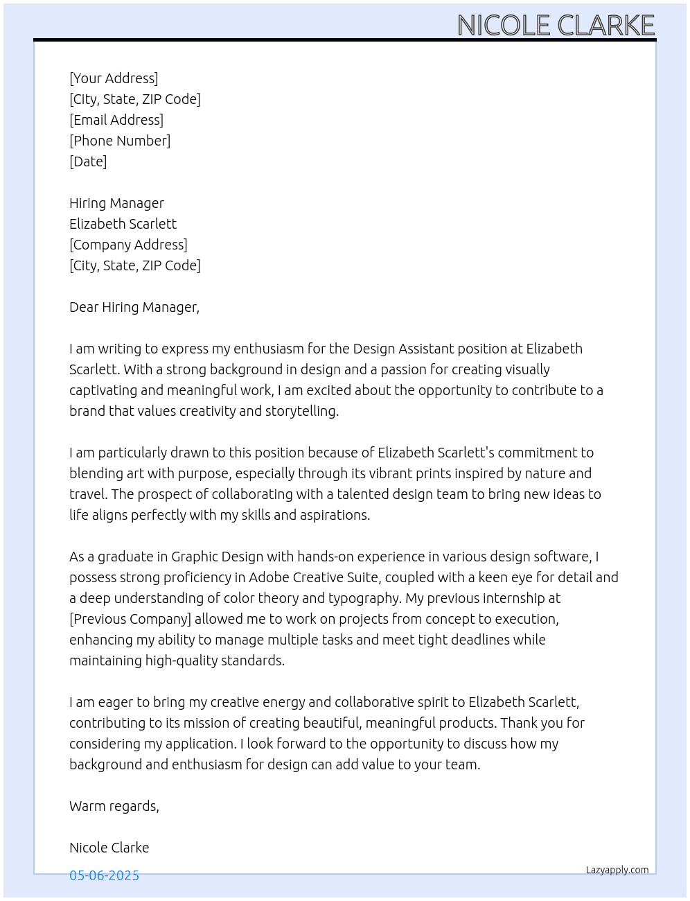 Design Assistant  At Elizabeth Scarlett Cover Letter