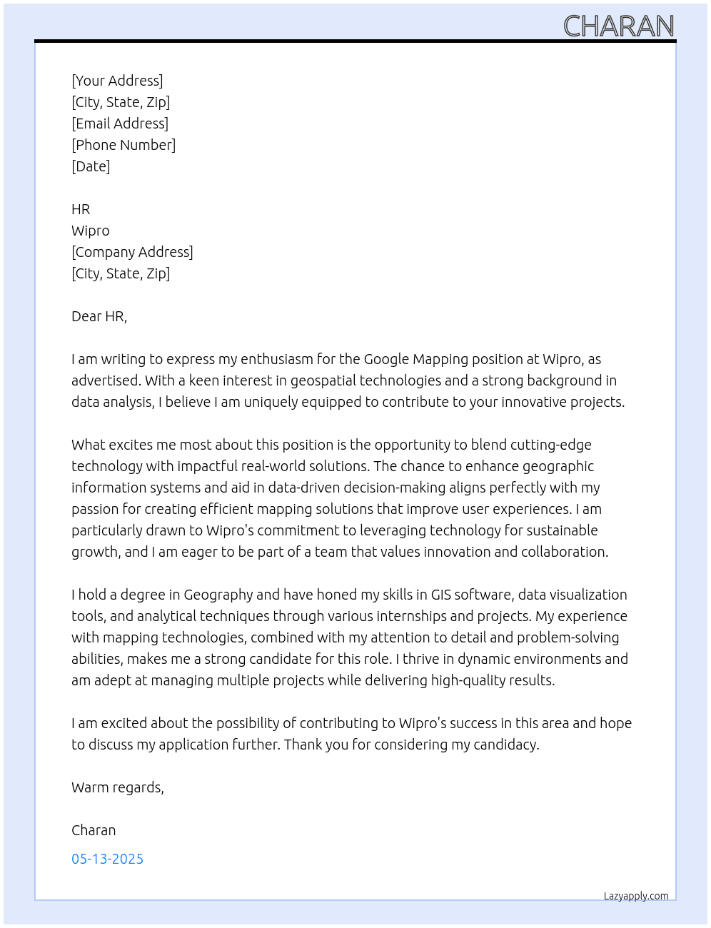 Cover letter for google mapping - LazyApply