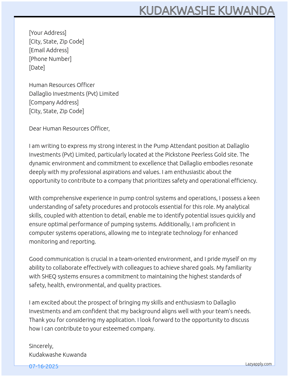 Pump Attendant  At Dallaglio Investments (Pvt) Limited  Cover Letter