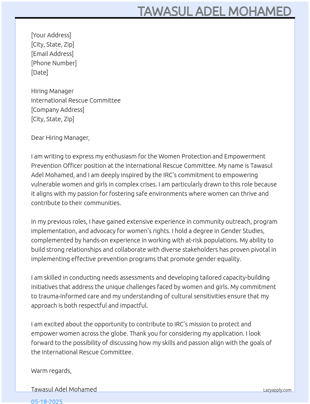 Women protection and Empowerment prevention Officer  At international Rescue committee Cover Letter