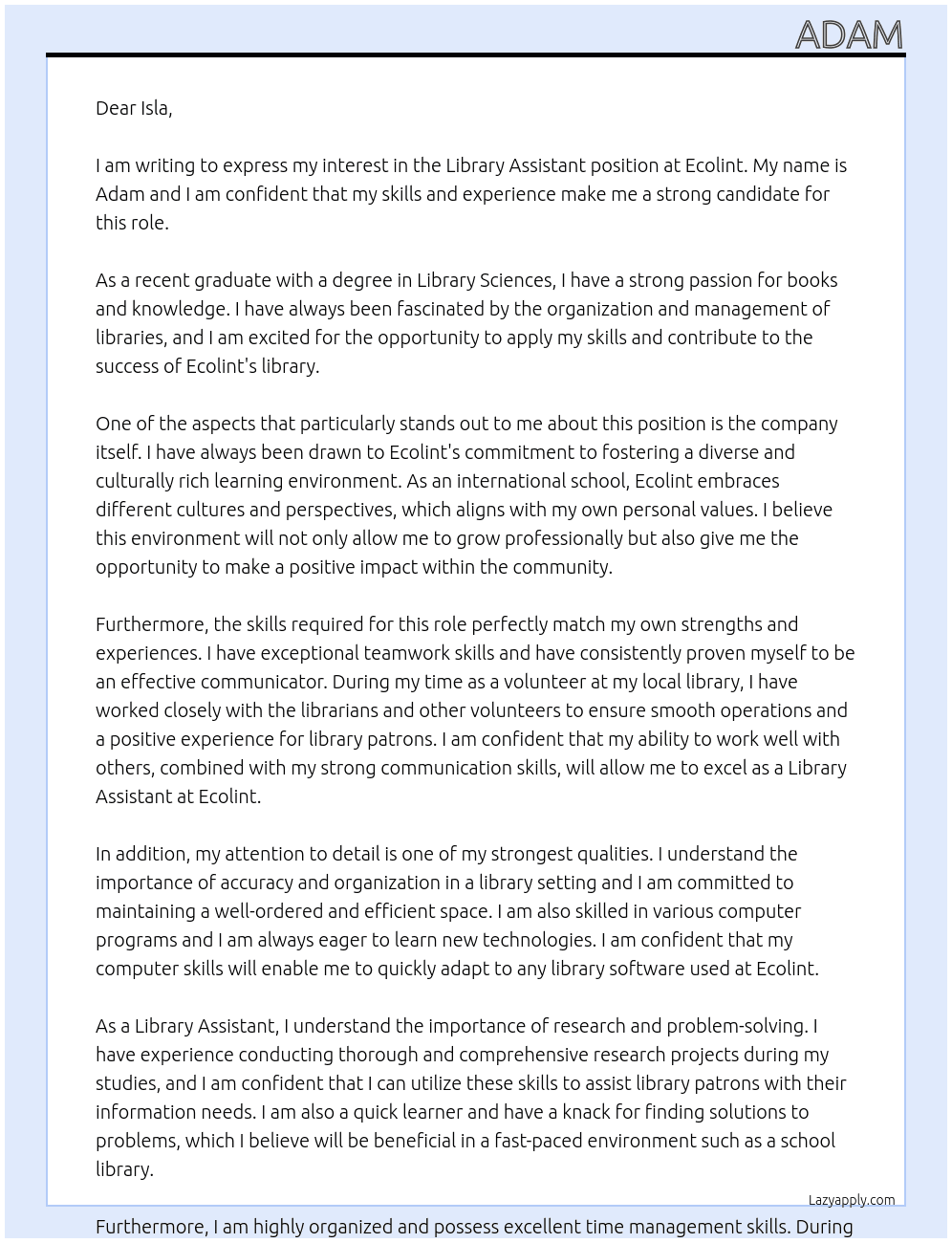 Library Assistant At Ecolint Cover Letter