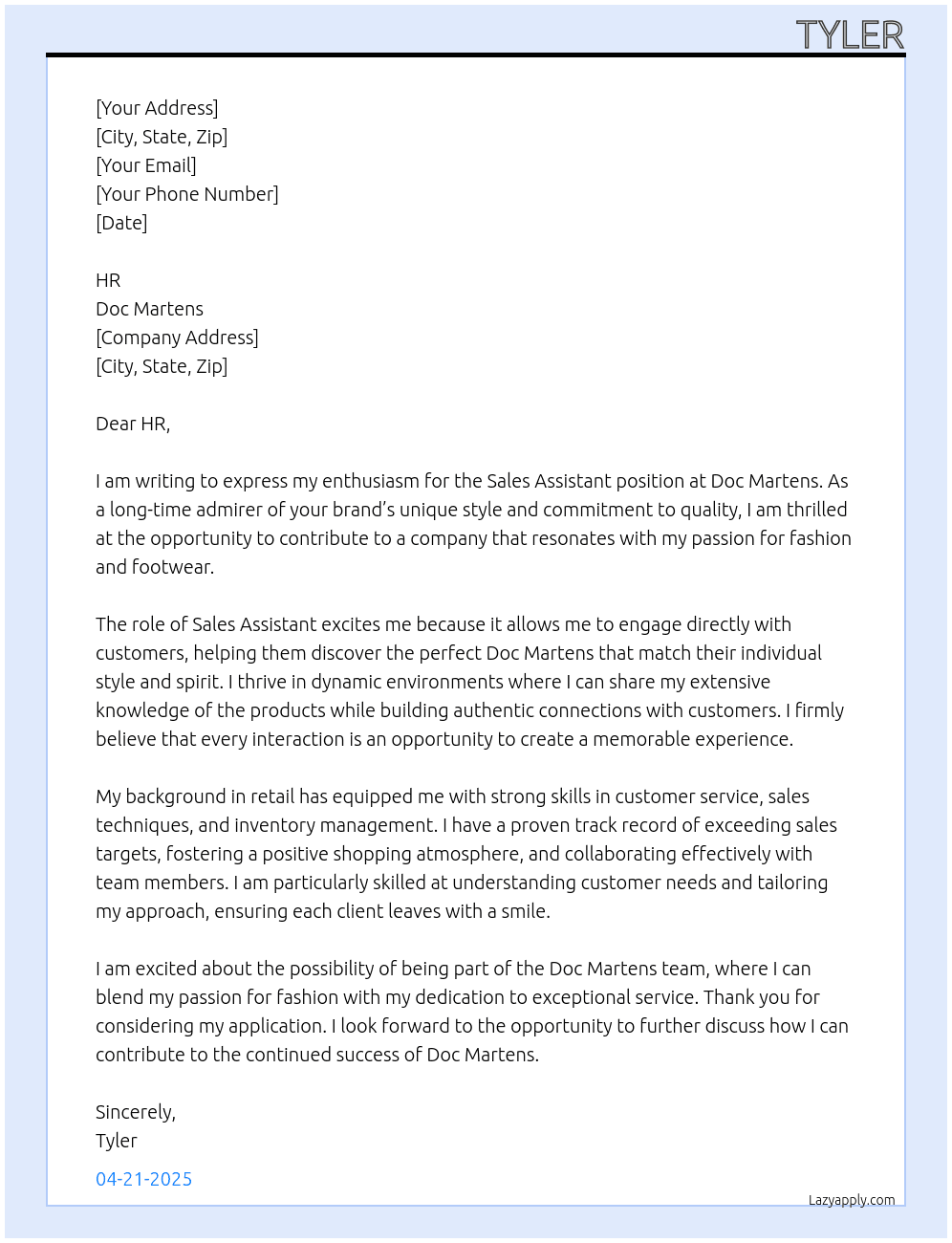 Sales Assistant At Doc Martens Cover Letter