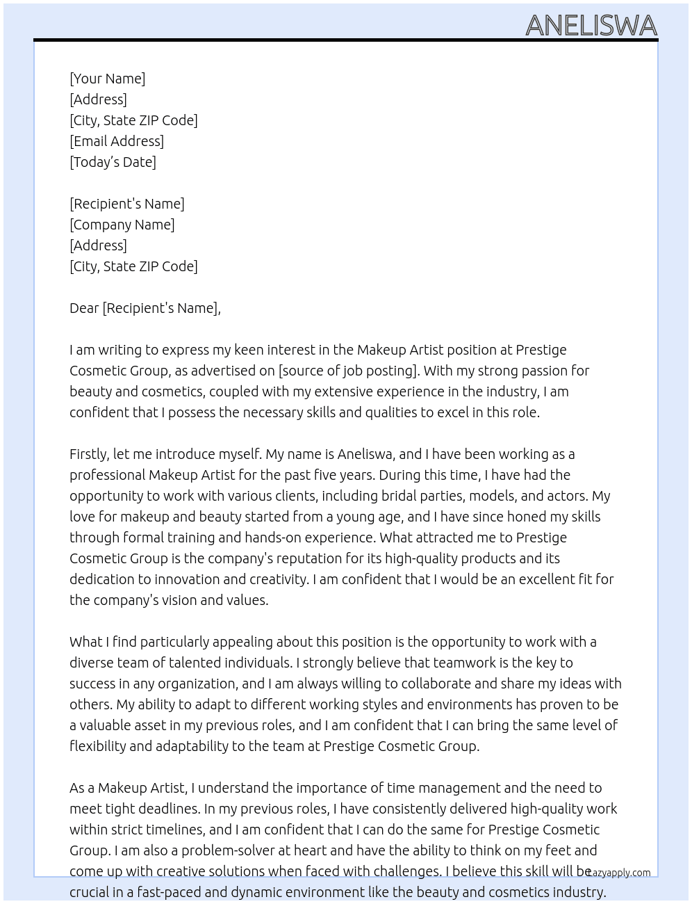 Cover letter for makeup artist - LazyApply