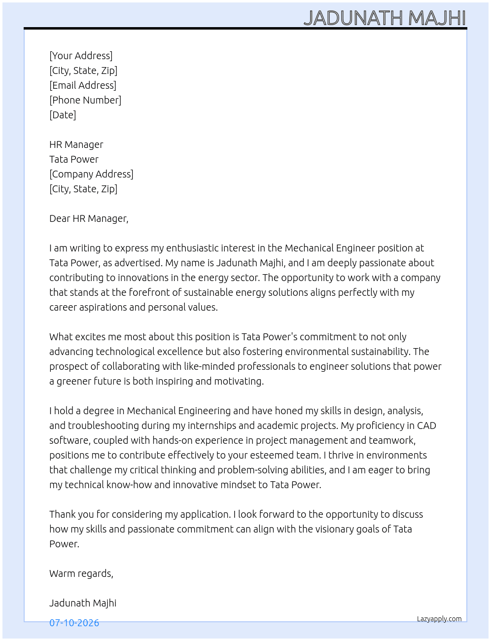 Cover letter for mechanical - LazyApply