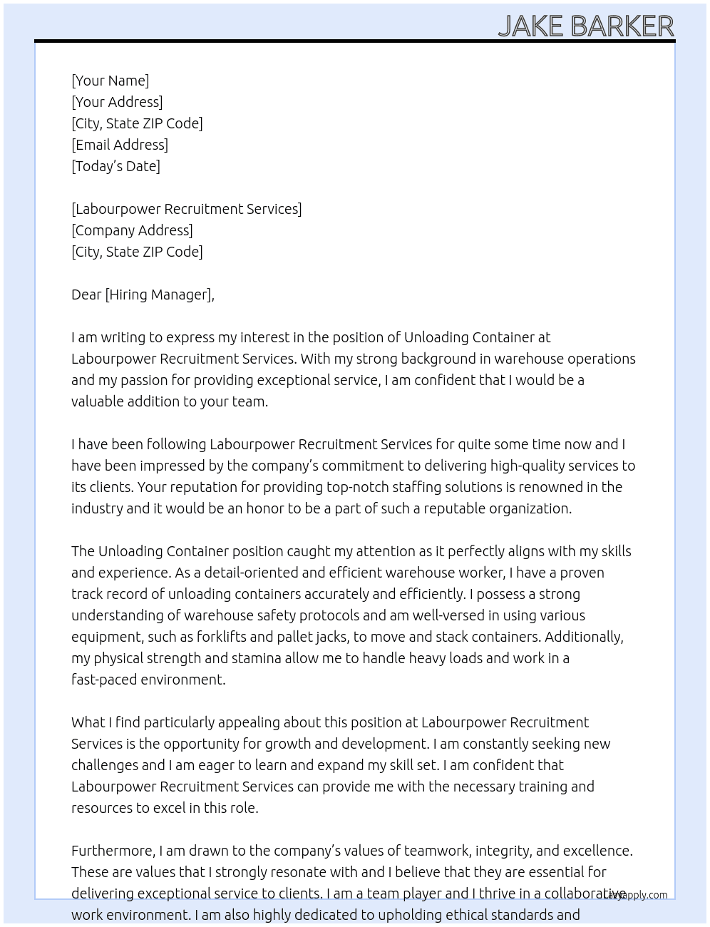 unloading container At labourpower recruitment services Cover Letter