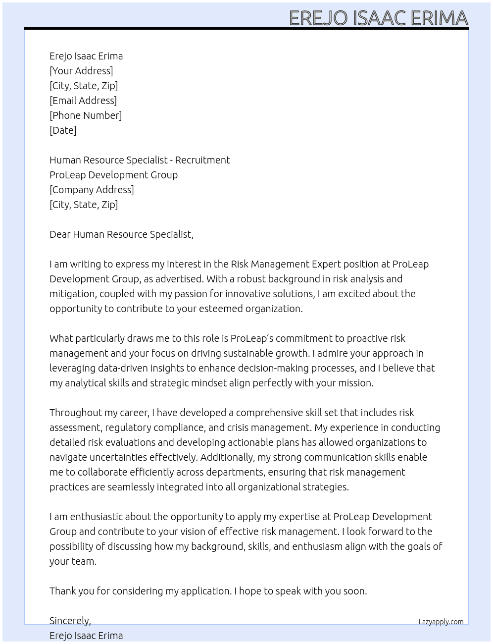 Risk Management Expert, Roster At ProLeap development Group  Cover Letter