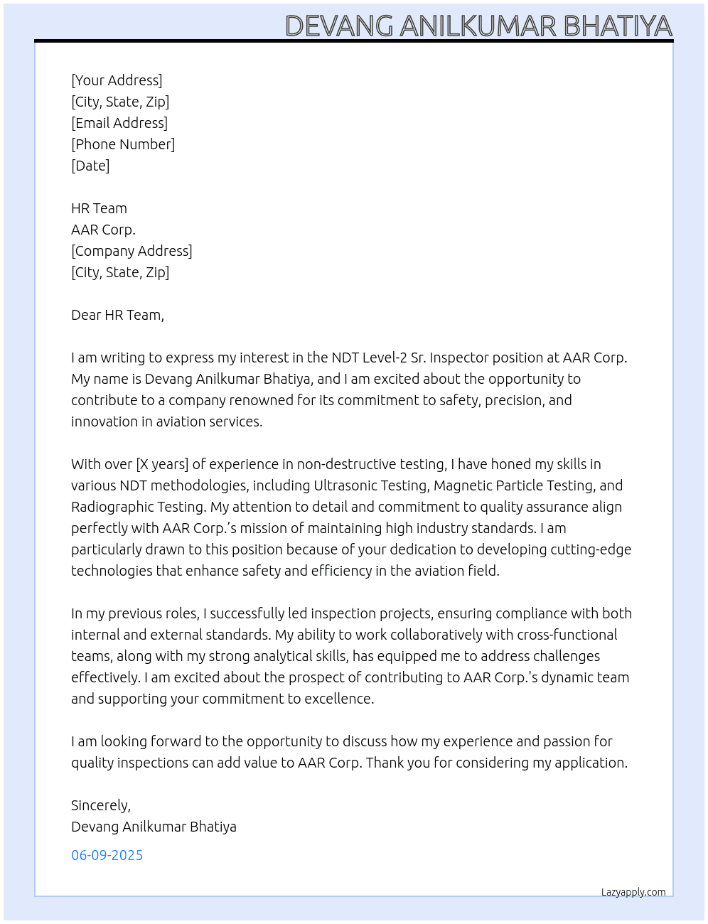 NDT level-2 Sr. inspector At AAR corp. Cover Letter