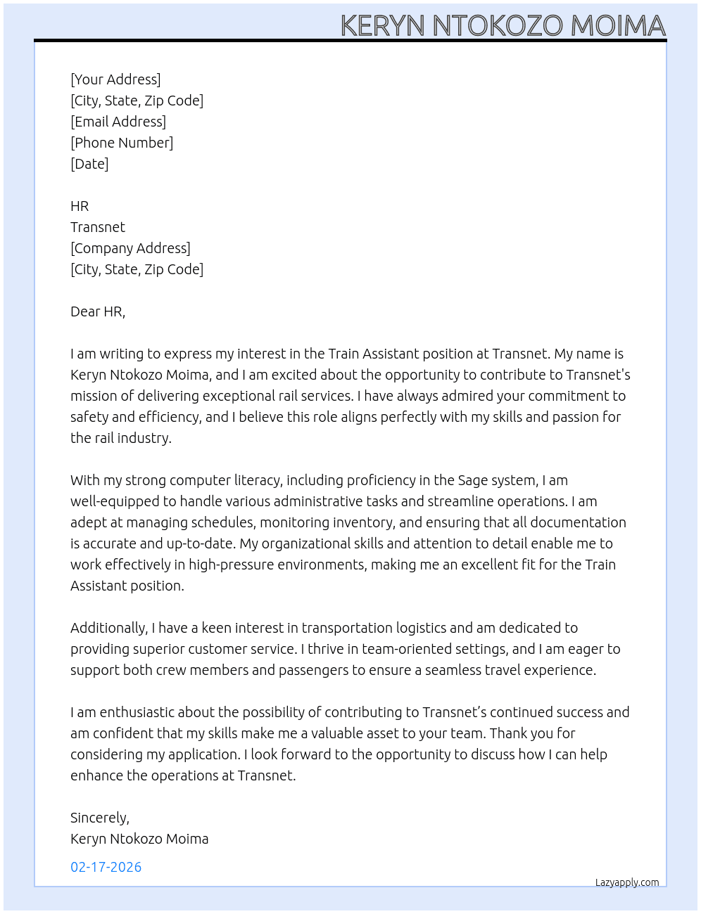 train assistant At transnet Cover Letter