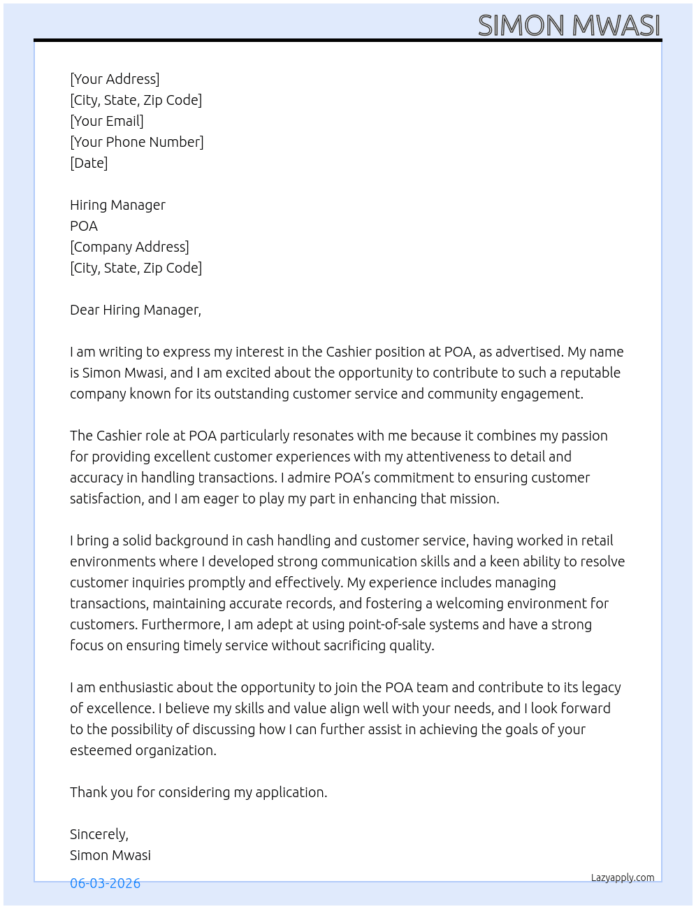 Cashier At POA Cover Letter