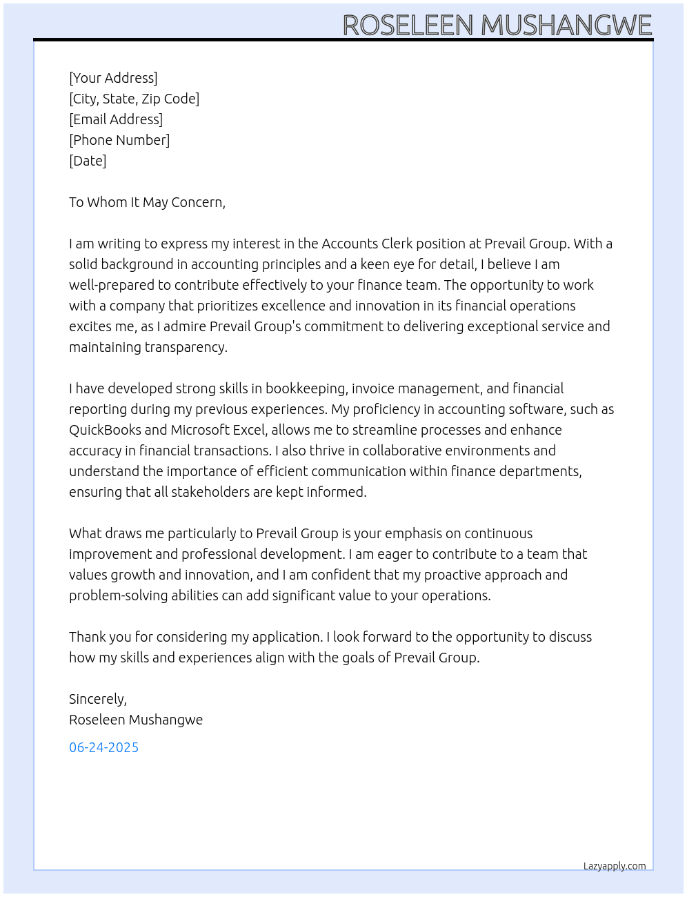 Accounts clerk At Prevail group  Cover Letter