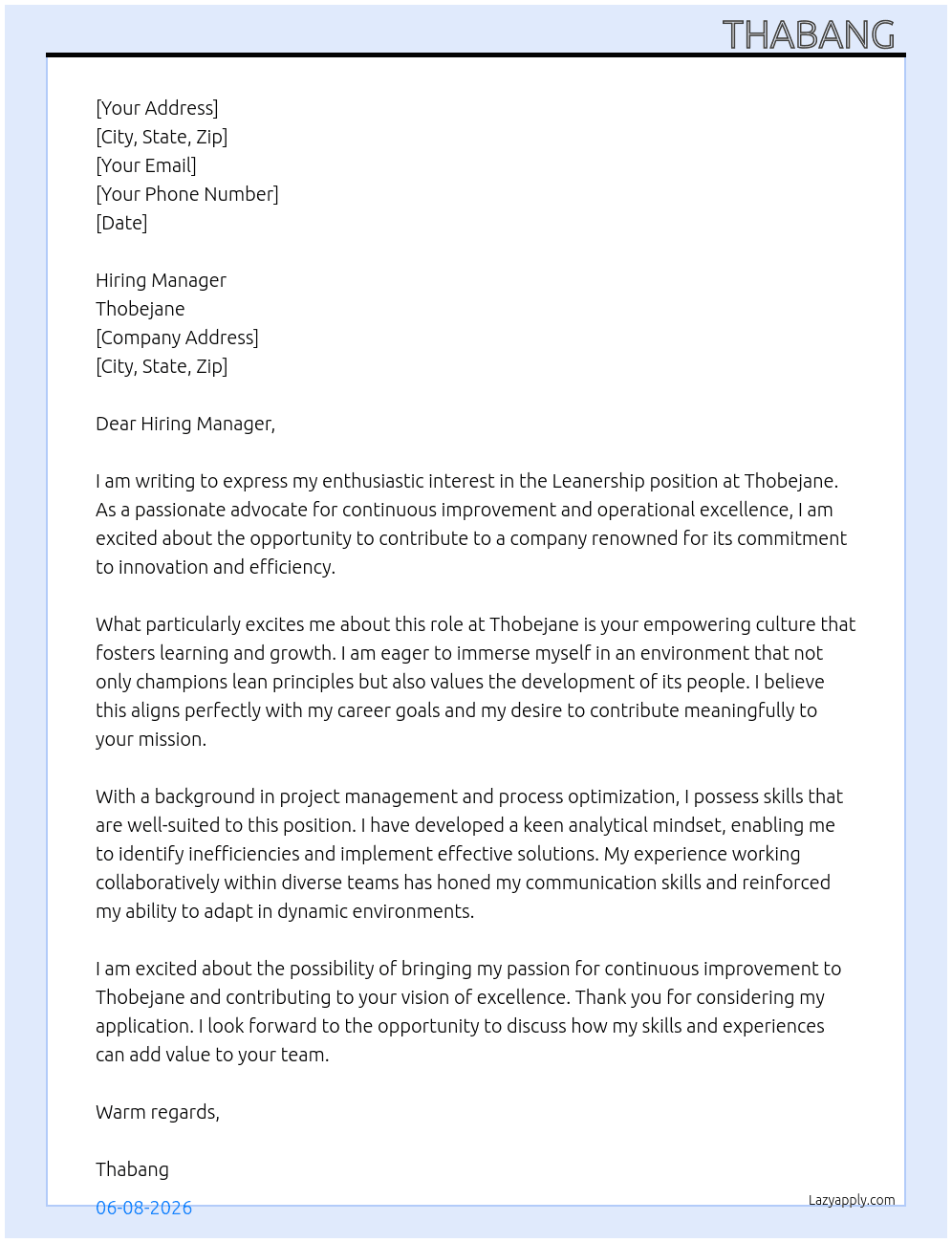 Leanership  At Thobejane  Cover Letter