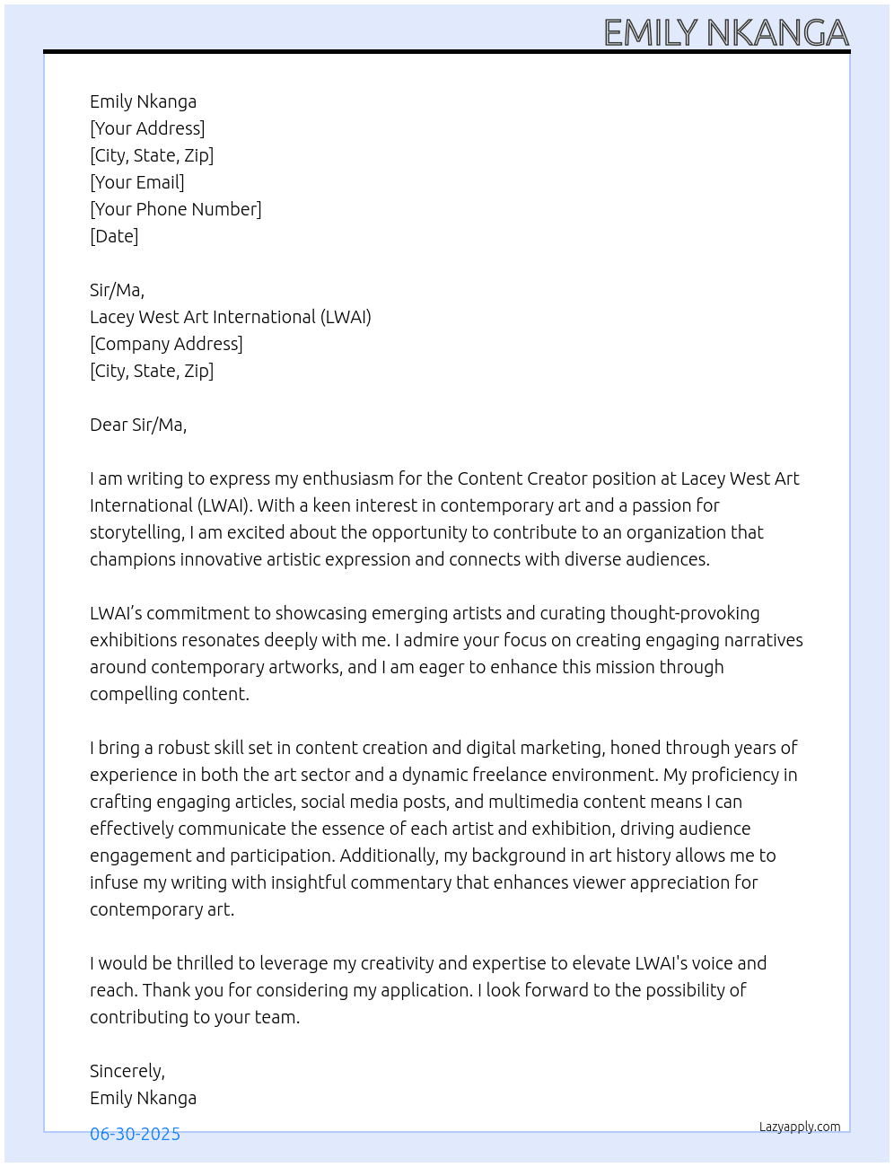 Cover letter for content creator for a contemporary art gallery - LazyApply