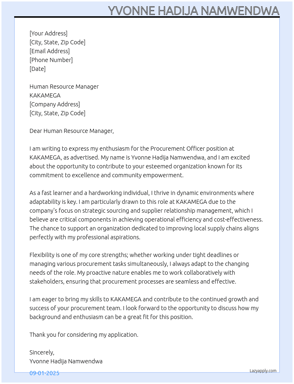 Procurement Officer At KAKAMEGA Cover Letter