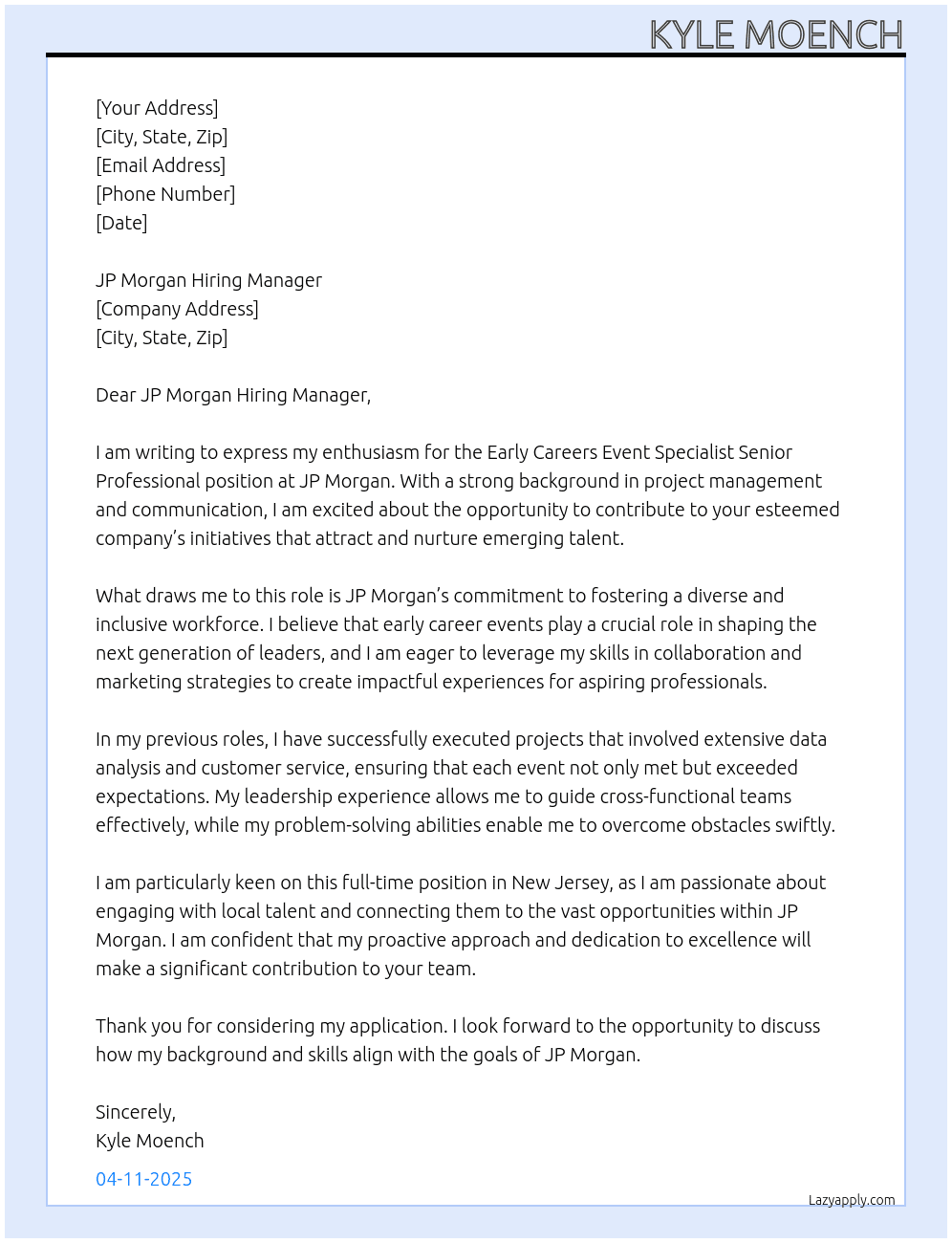 Cover letter for early careers event specialist senior professional - LazyApply