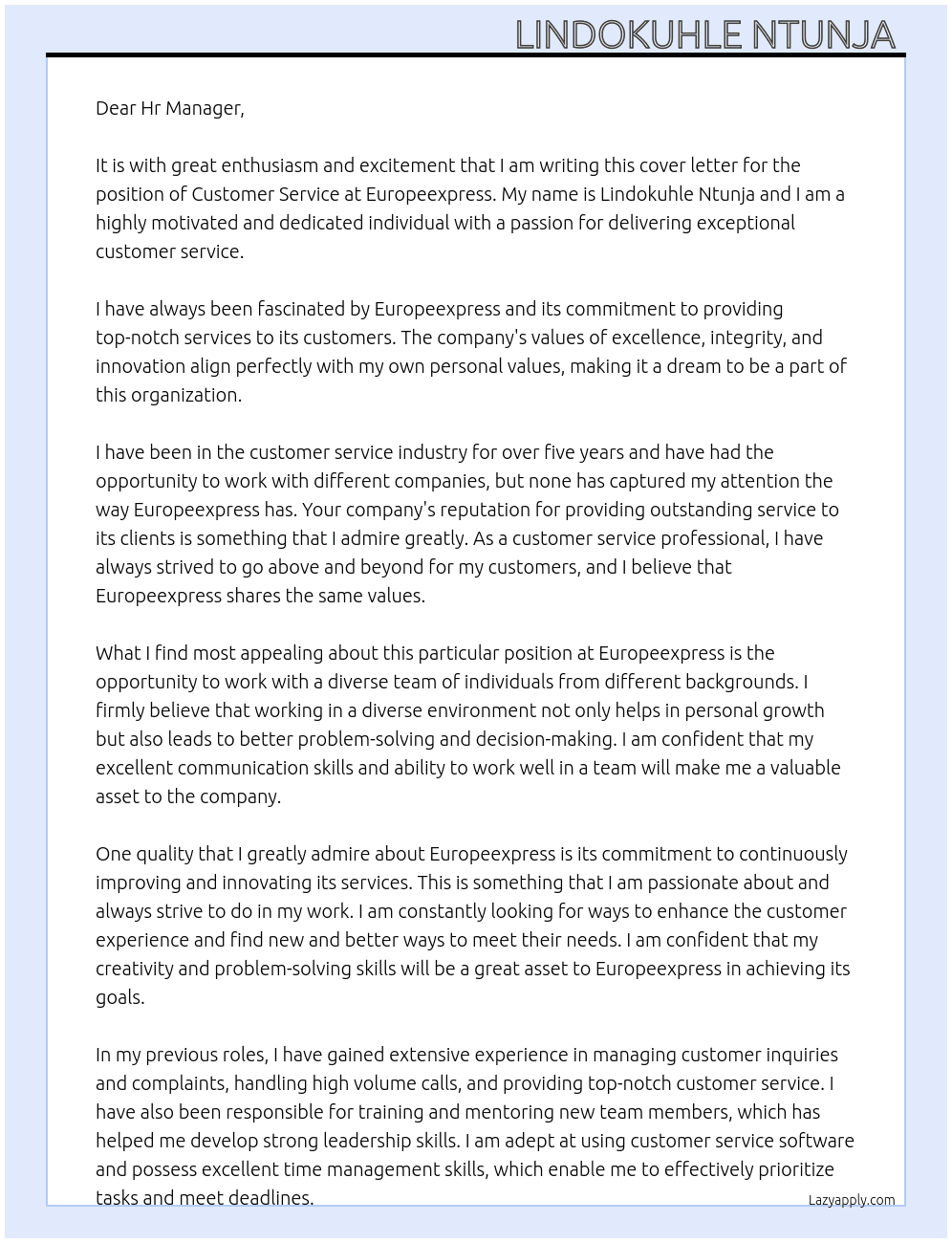 Customer service  At Europeexpress  Cover Letter