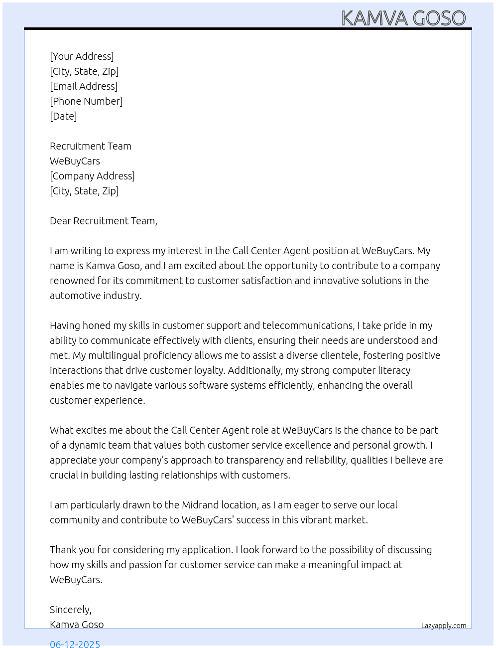 Call Center Agent  At WeBuyCars Cover Letter
