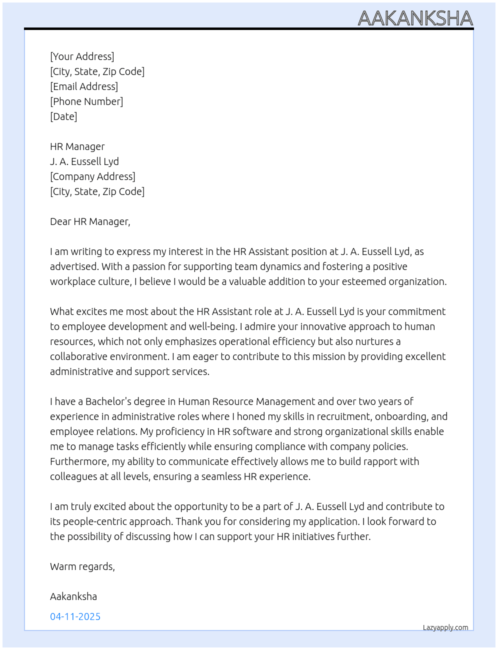 HR Assistant At J. A. Eussell Lyd Cover Letter