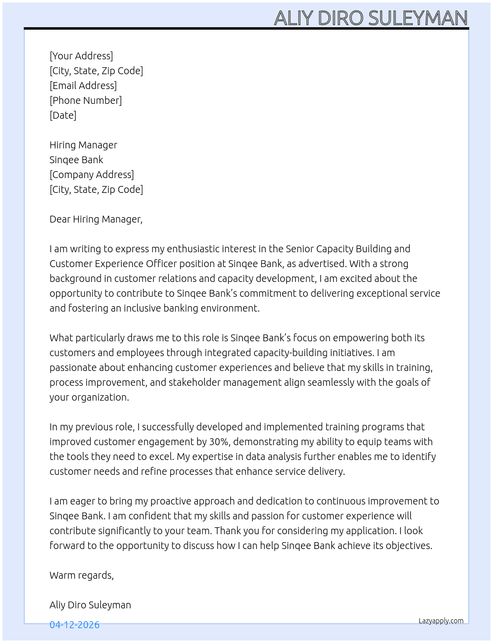 Senior Capacity building and Customer experience officer  At Sinqee Bank Cover Letter