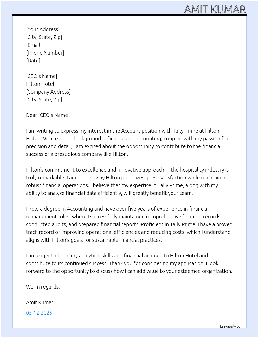 Account with tally prime At Hilton hotel Cover Letter
