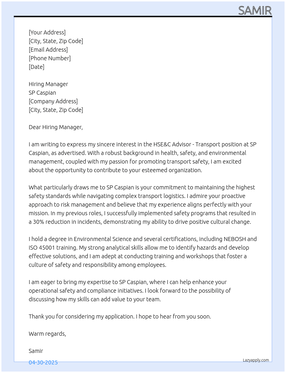 HSE&C Advisor -Transport At SP Caspian Cover Letter