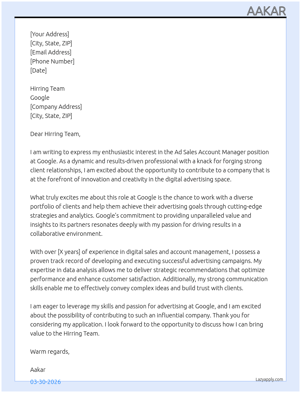 Ad sales account managaer At google Cover Letter