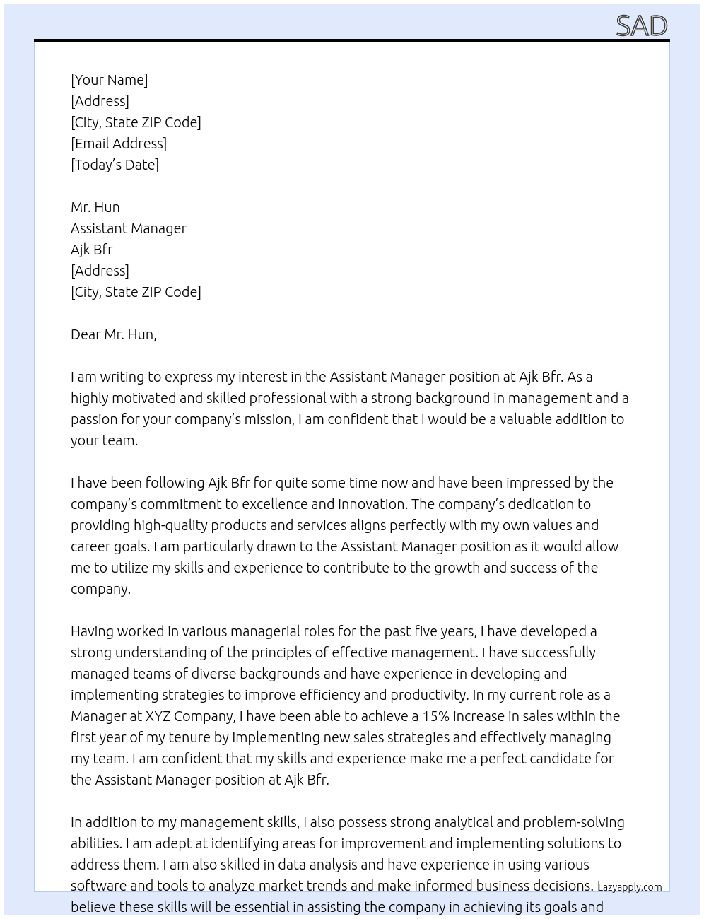 Assistant Manager At Ajk Bfr Cover Letter