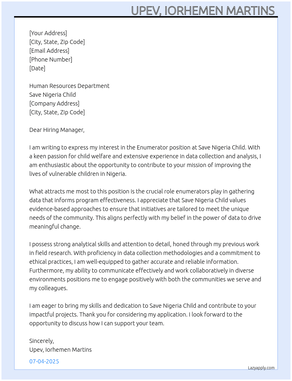 Enumerator  At Save Nigeria Child  Cover Letter
