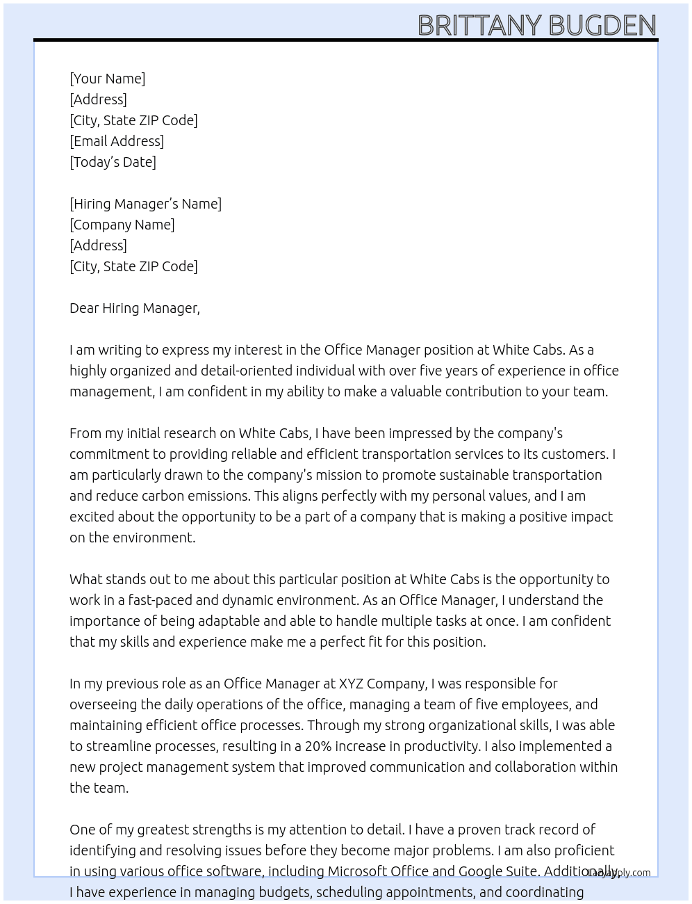 Office Manager At White Cabs Cover Letter