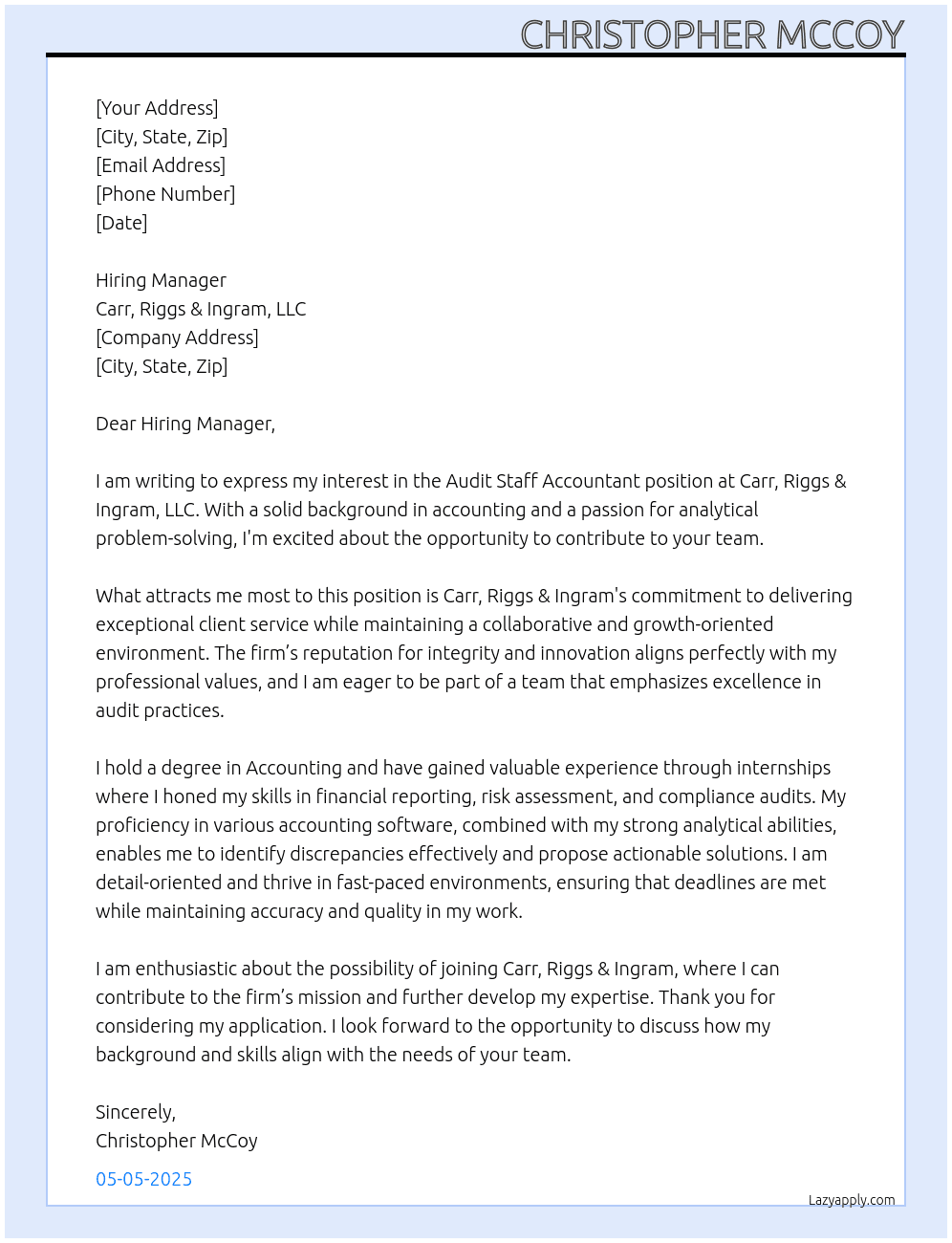 Audit Staff Accountant  At Carr, Riggs & Ingram, LLC Cover Letter