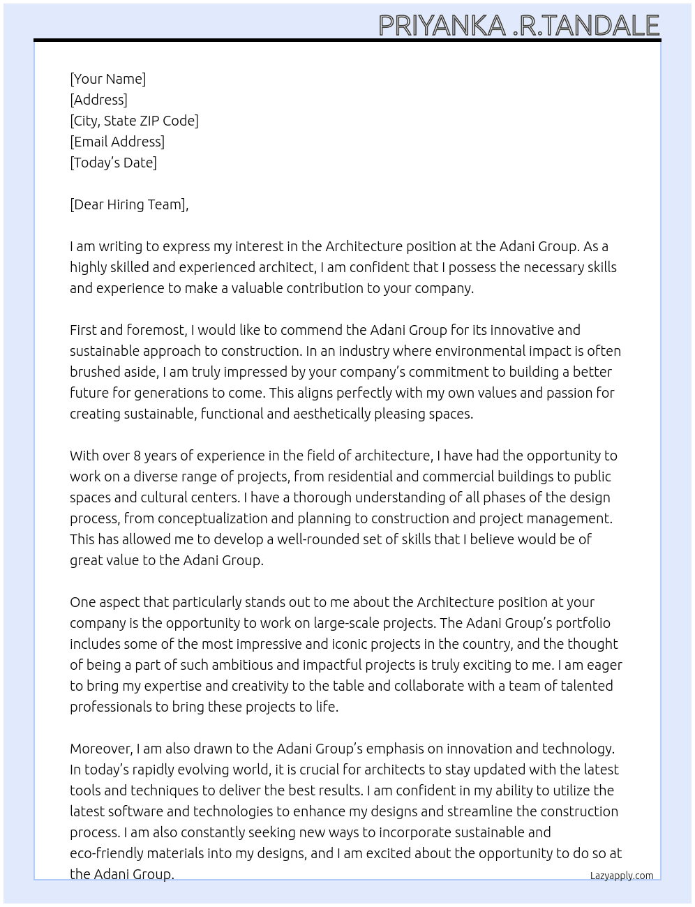 ARCHITECTURE At ADANI GROUP Cover Letter