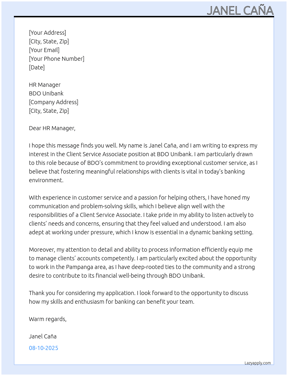 client service associate At BDO Unibank Cover Letter