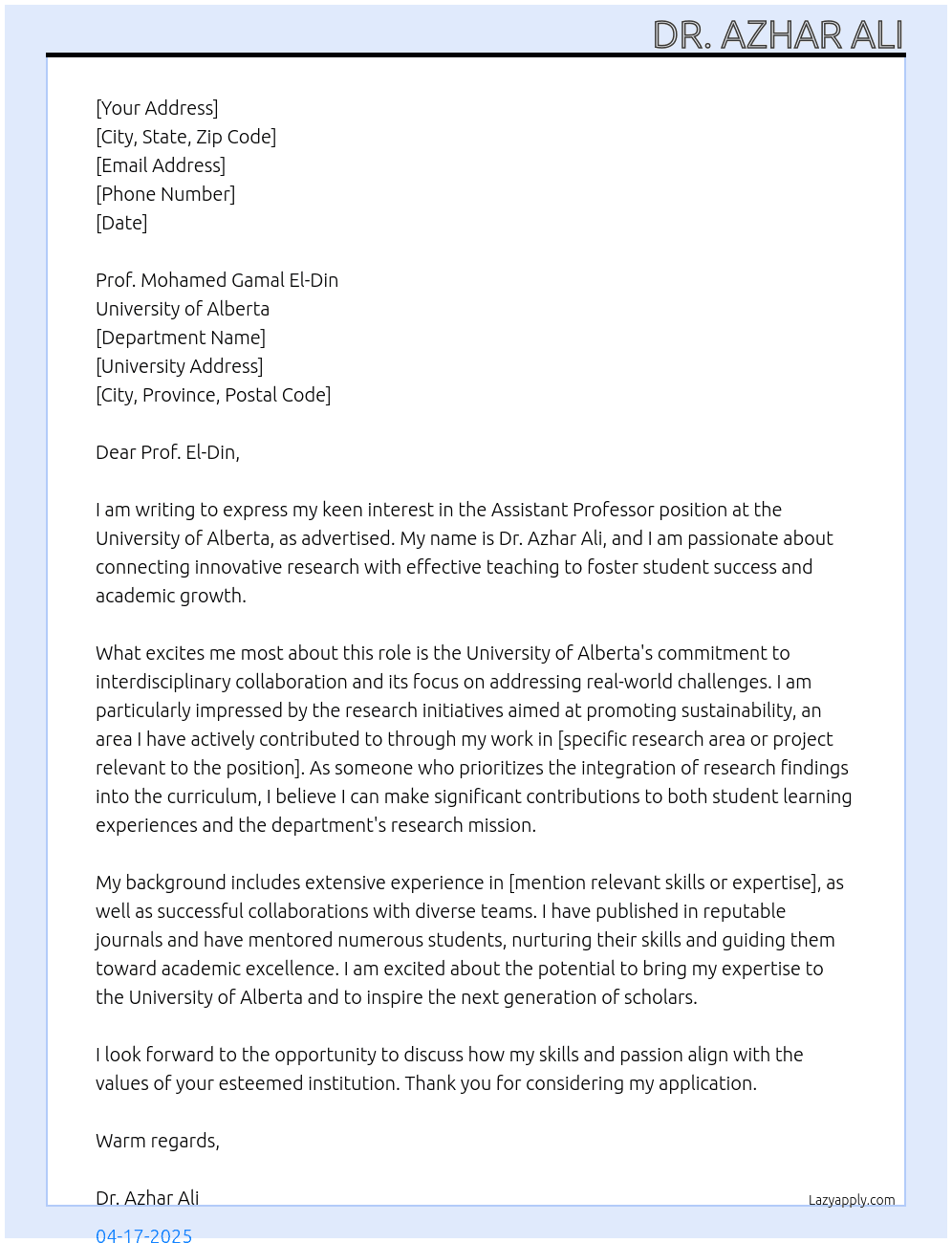 Assistant Professor At University of  Alberta, Canada Cover Letter